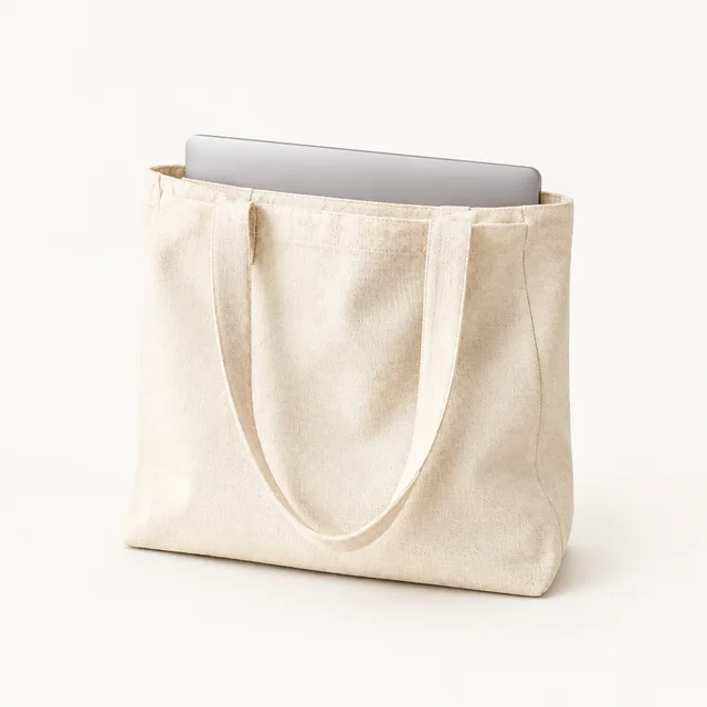 Natural canvas tote with a laptop inside, shown fully on a wooden bench.