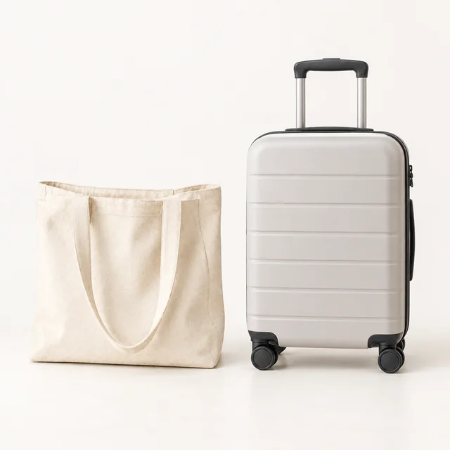 The same natural canvas tote beside a closed carry-on suitcase.
