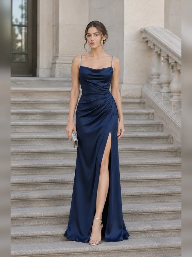 Adult wearing a plain evening dress on a stone staircase, full silhouette visible.