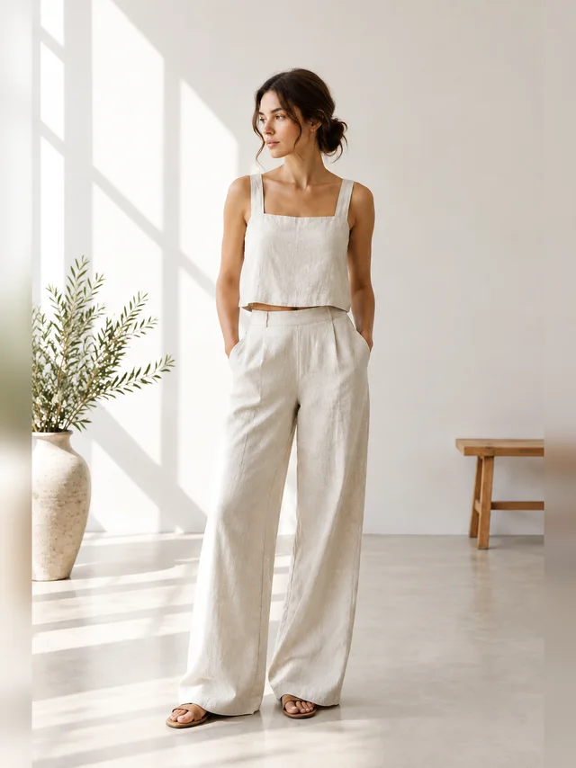 Adult wearing a plain linen two-piece set in a sunlit studio.