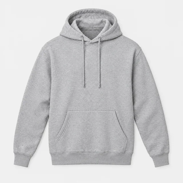 Adult wearing the same plain heather-gray hoodie, sleeves and hem fully visible.