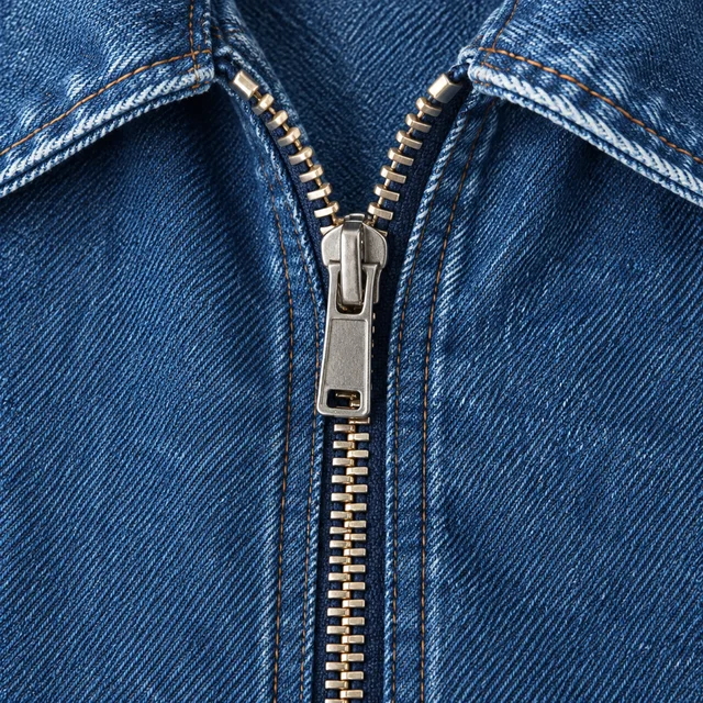 Close detail of the same denim jacket zipper and stitching, sharp and fully in view.