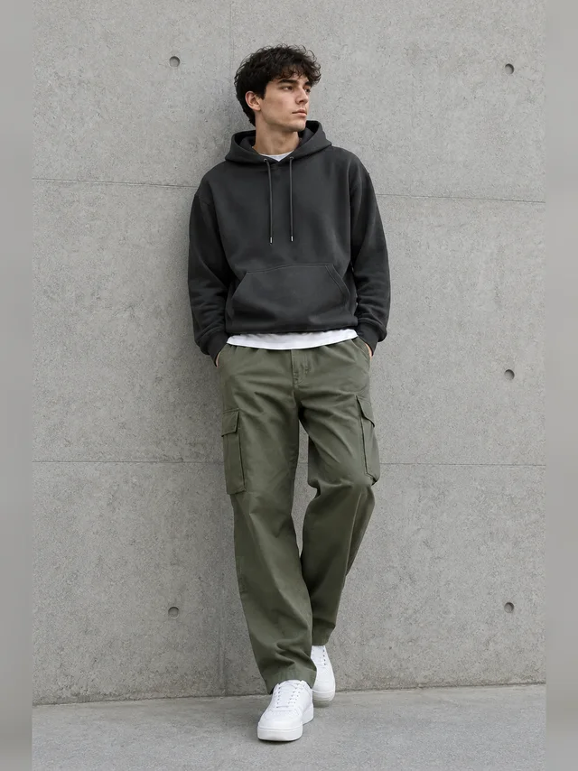 Adult wearing a plain streetwear outfit against a concrete wall, full silhouette visible.
