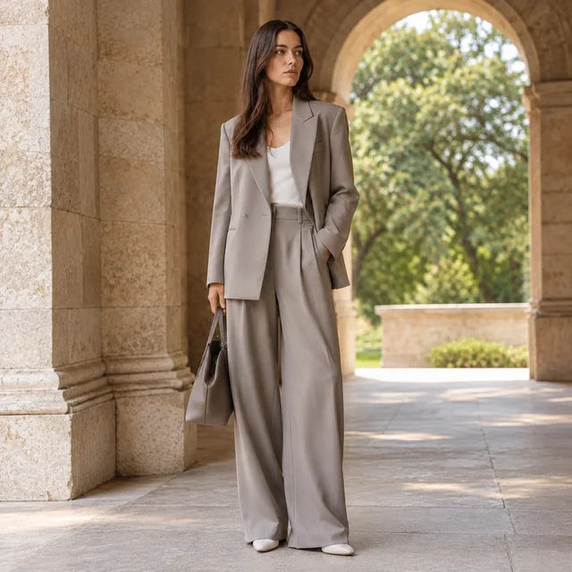 Adult wearing a plain wide-leg suit under a stone archway.