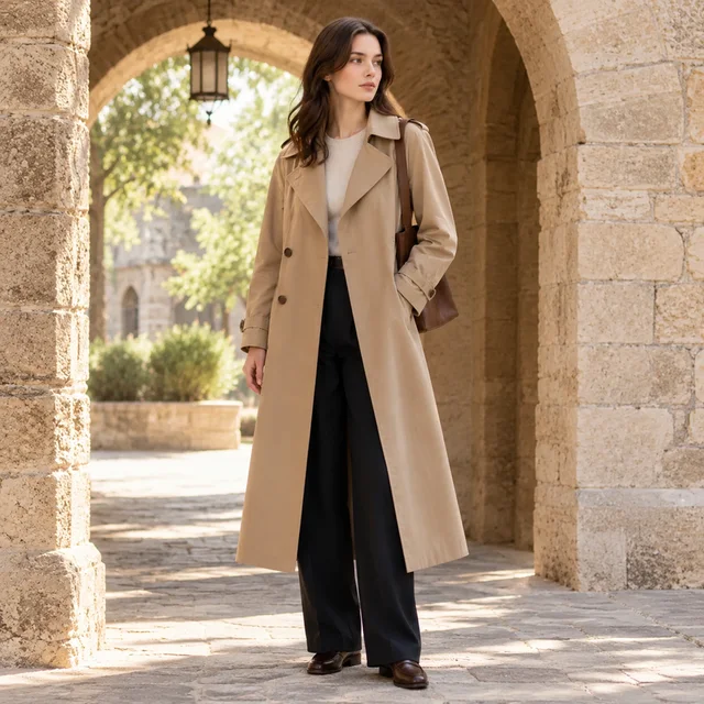 Adult wearing a plain trench coat under a stone archway in warm daylight.