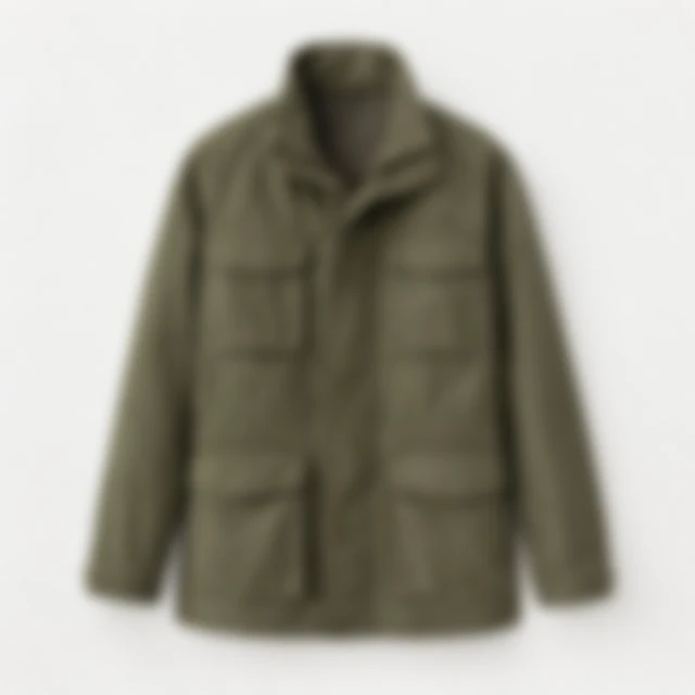 Field jacket front and pocket seams softened out of focus on a neutral background.