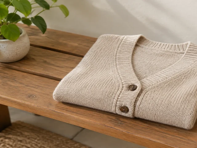 Cream cardigan enlarged so its right cuff and lower hem leave the frame.
