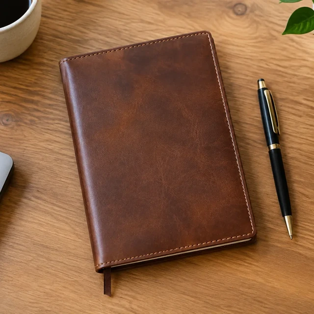 Brown leather notebook and pen on a wooden desk in a square flat lay.