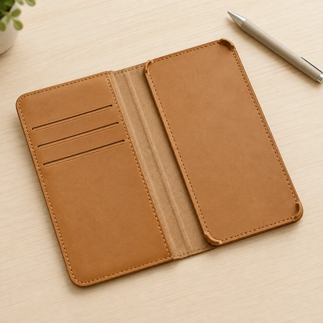 Empty unbranded tan leather phone folio case with card slots and stitching on a light desk; no device inside.