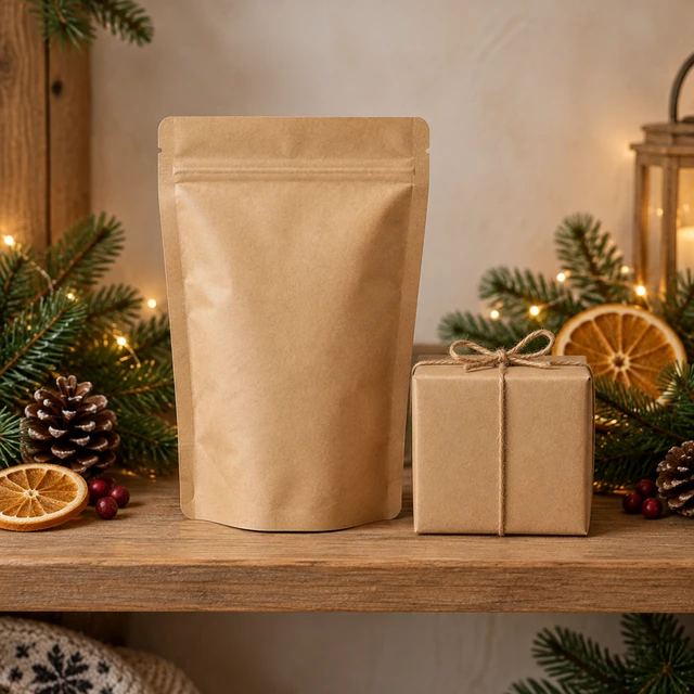 Blank kraft hot-cocoa pouch and small gift box with evergreen, dried orange, and warm holiday lights.
