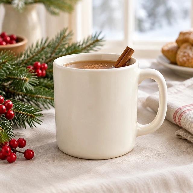 Plain cream ceramic mug on a holiday brunch table with evergreen and red berries.