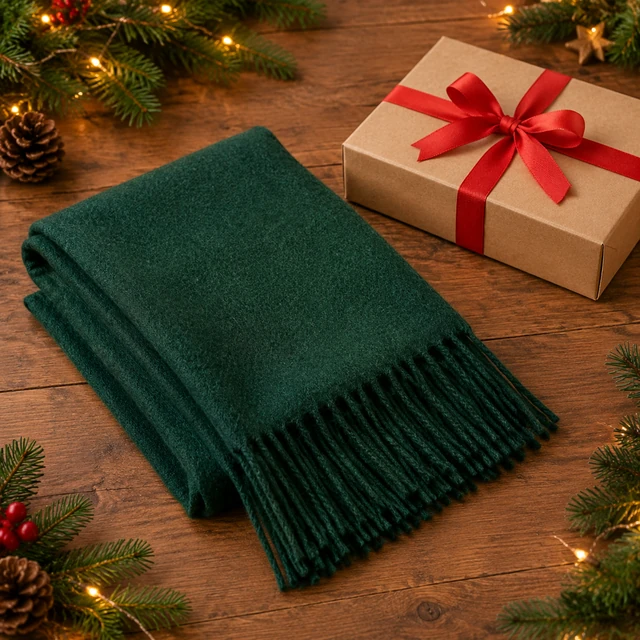 Folded forest-green wool scarf beside a red-ribbon gift box and evergreen branches.