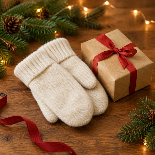 Cream wool mittens beside a kraft gift box with red ribbon and evergreen branches on a holiday table.