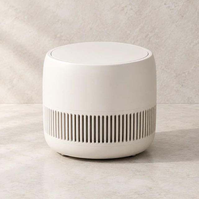 Unbranded matte ivory compact countertop air purifier with a rounded cylindrical body and vented base.