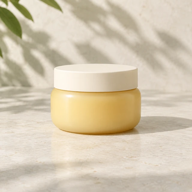 Plain pale-amber moisturizing balm in a rounded jar on a light stone vanity.