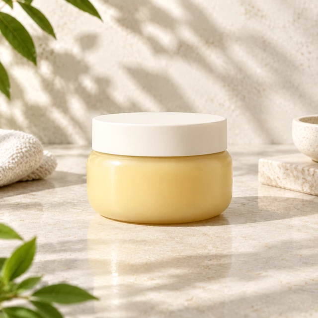 Plain pale-amber moisturizing jar in a bright bathroom setting, square photo without text.
