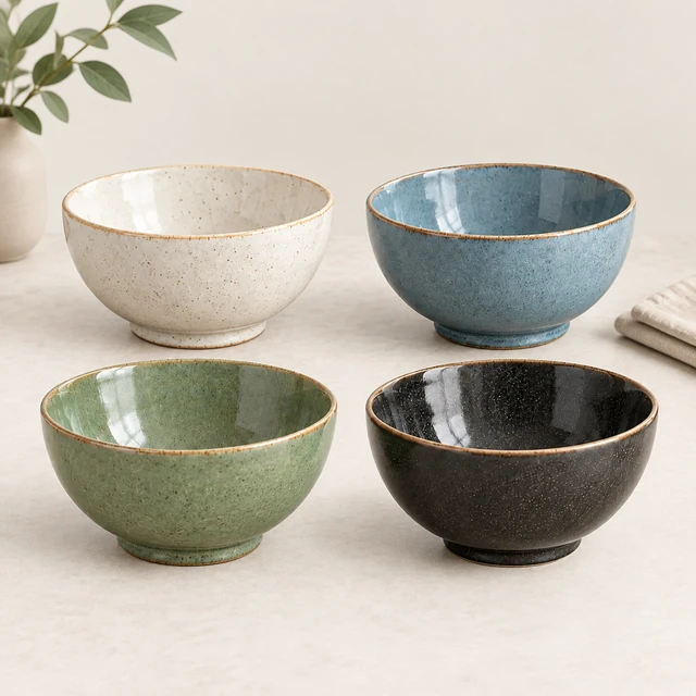 Four coordinated ceramic bowls in cream, blue, sage, and charcoal glazes, photographed from a low three-quarter angle.