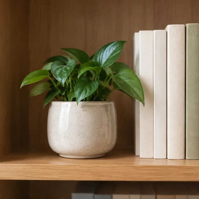 Small ceramic planter on a bookshelf beside plain books, square crop.