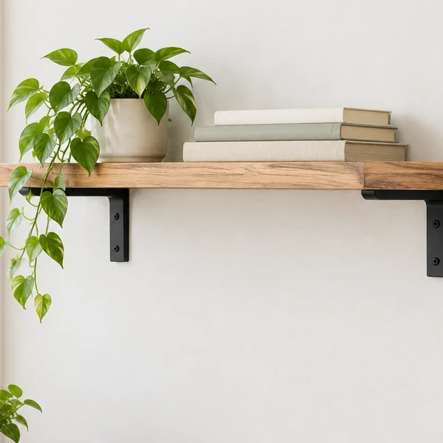 Simple wall shelf with a small plant and plain-spined books, square crop.