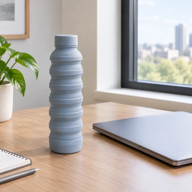 Collapsible blue-gray silicone water bottle on a work desk beside a closed laptop.