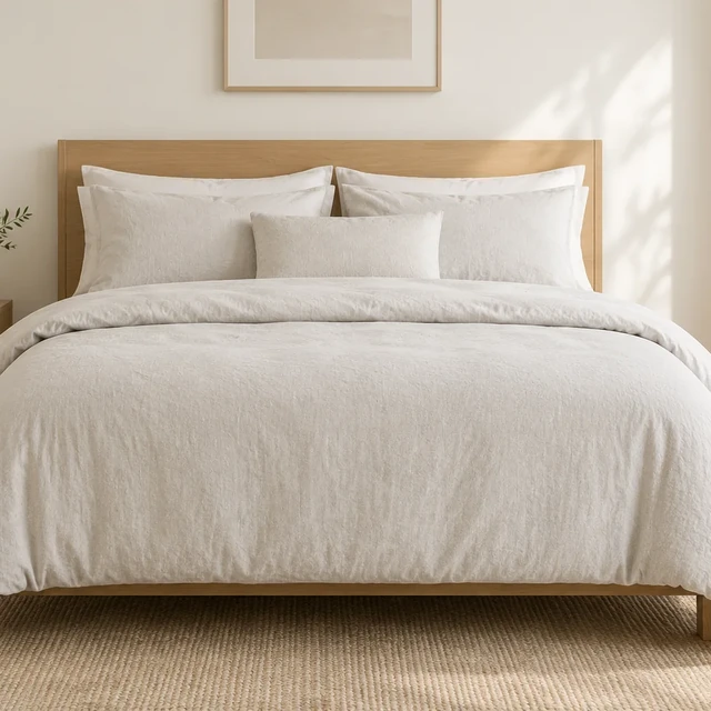 Neutral linen bedding on a freshly made bed in soft daylight, square crop.