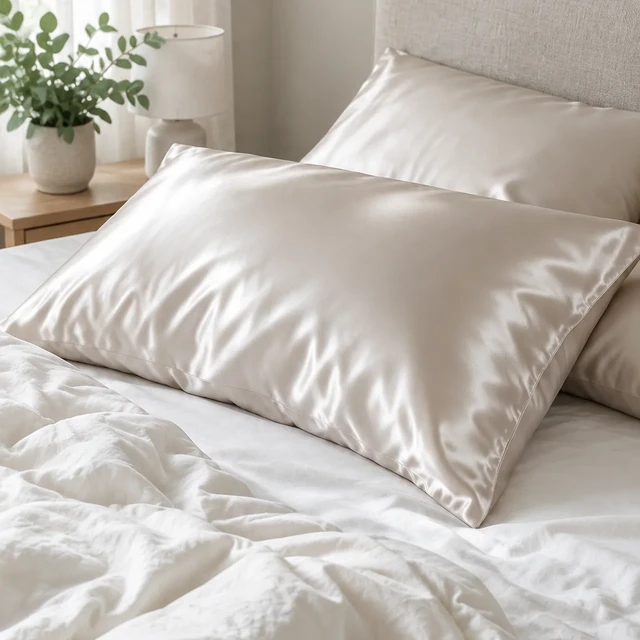 Ivory silk pillowcase on a neatly made bed in soft morning light, square crop.