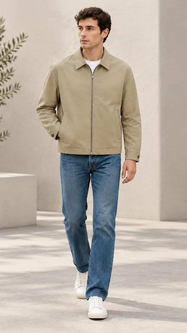 Adult model wearing a beige zip jacket in a full-length vertical outfit reel frame.