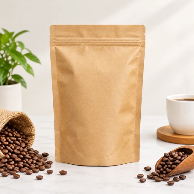 Blank kraft coffee pouch with coffee beans on a pale counter.