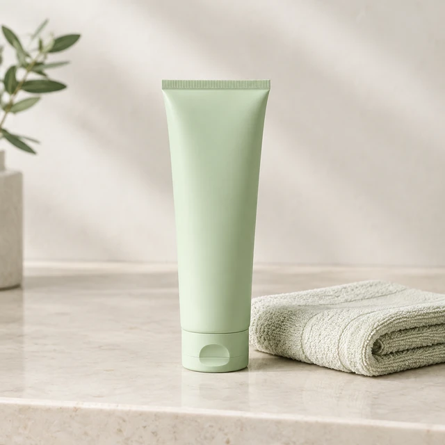 Plain pale-green skincare tube standing on a light stone vanity beside a folded washcloth.