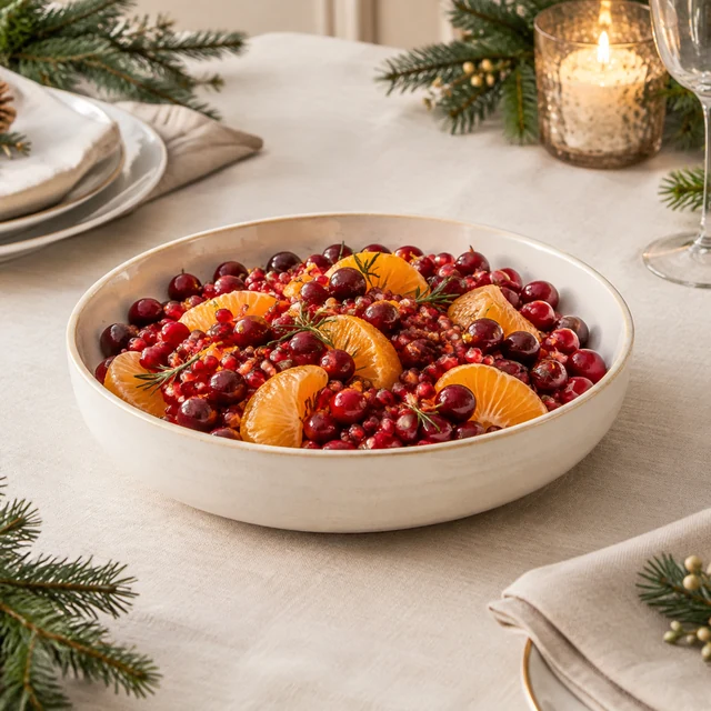 Cream serving bowl with cranberries, pomegranate and orange on an evergreen-trimmed winter dinner table.