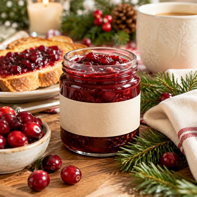 Cranberry preserves in a clear jar with blank band on a holiday breakfast table with evergreen.