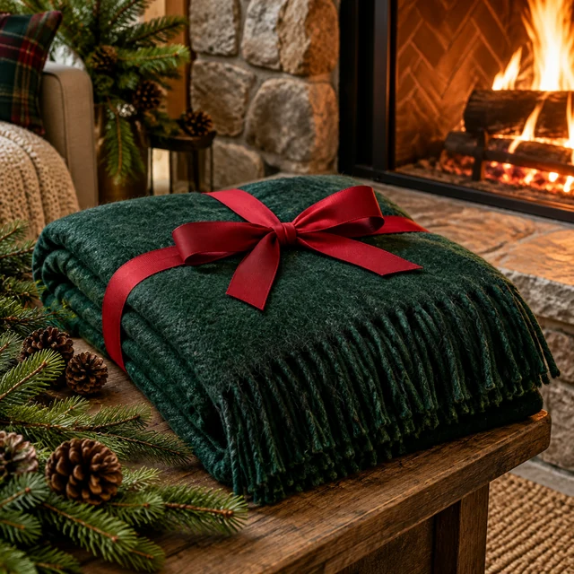 Folded forest-green wool throw with red ribbon beside a fireplace and evergreen branches.