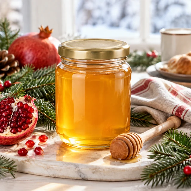 Clear honey jar and wooden dipper on a winter brunch table with evergreen, pomegranate and folded linen.