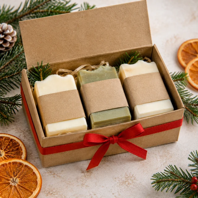 Three plain handmade soaps in a kraft gift box with ribbon, evergreen and dried orange.