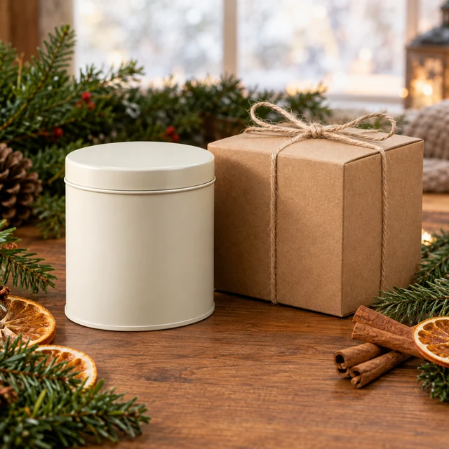 Plain cream tea tin with a blank kraft gift box, evergreen, dried orange and cinnamon on a holiday table.