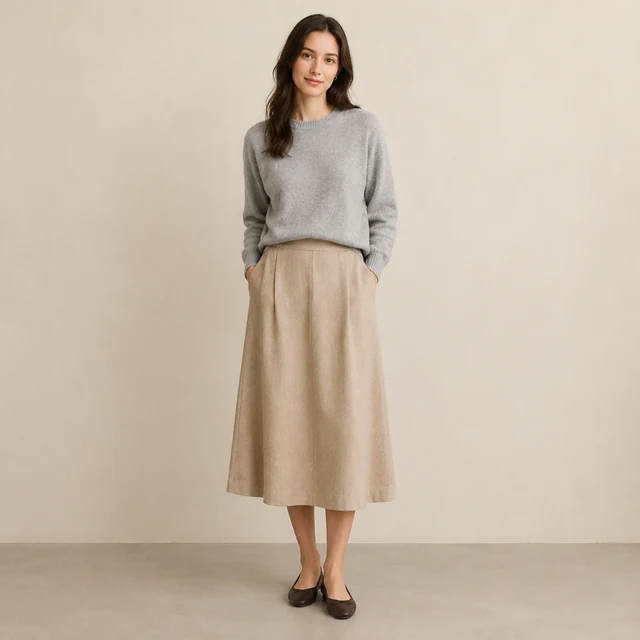 Adult model in a plain light gray knit sweater and sand midi skirt in a studio.