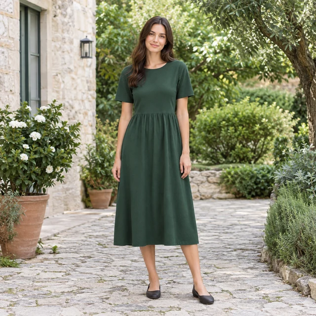 Adult model in a plain muted green midi dress in a courtyard.