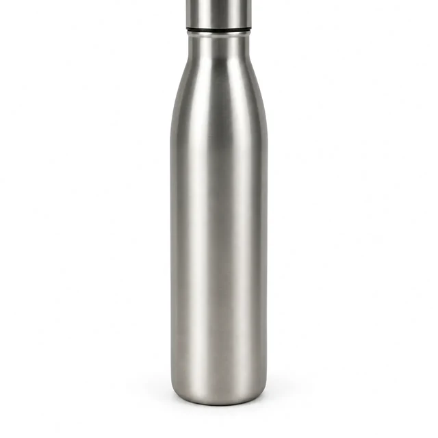 Stainless steel bottle with its cap clipped by the top edge on white.