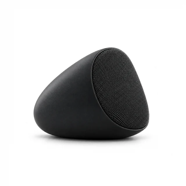 Compact black portable speaker with a woven grille, shown alone on white.