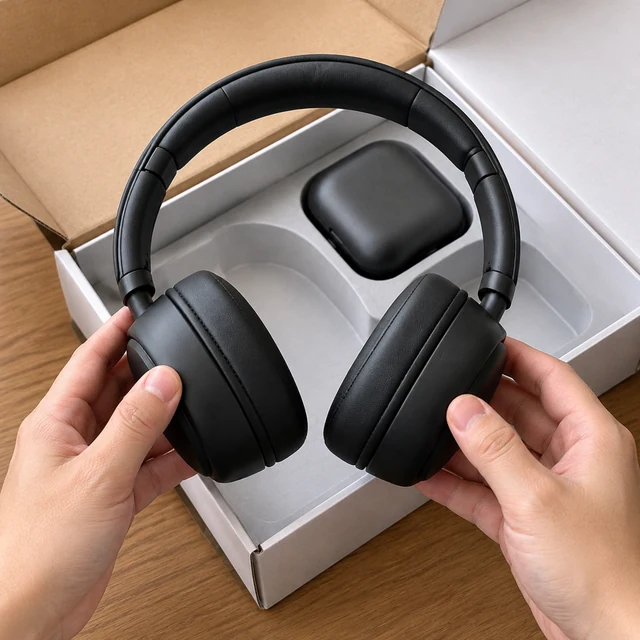 Gray over-ear headphones lifted from an open gray product box.
