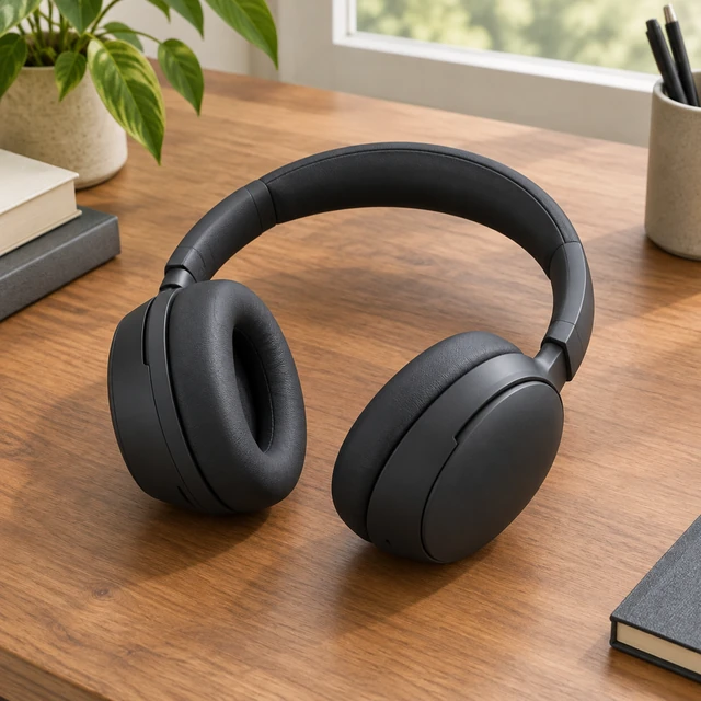 Generic charcoal over-ear headphones fully visible on a wood desk.