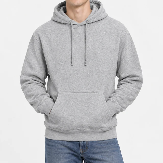 Heather-gray pullover hoodie worn in a bright studio, cropped from chin to hips.