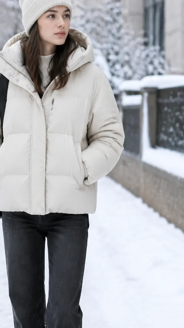 Puffer jacket sleeve cut off by a tight side crop.