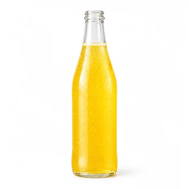 Single glass bottle of golden citrus drink, upright on a white background.