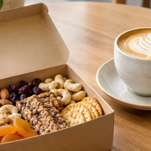 Open snack box enlarged until its edge reaches the frame.