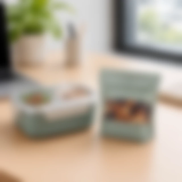 Snack pouch and lunch container softened by blur.
