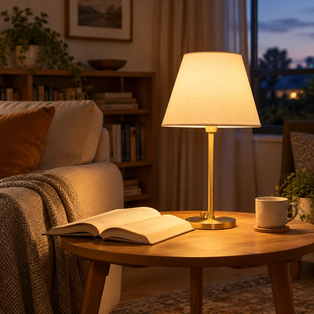 Brass table lamp glowing beside an open book in a cozy living room.
