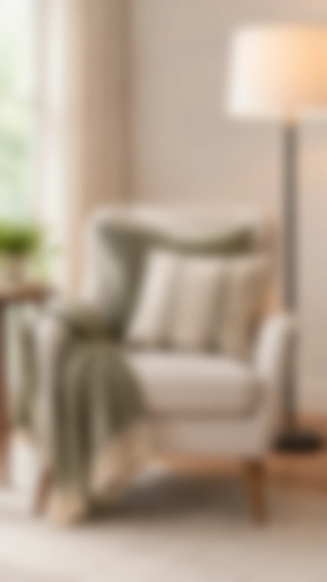 Throw pillow and chair softened by blur beside a floor lamp.