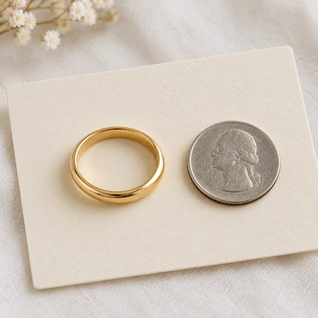 Polished gold band on an ivory display card beside a small coin.