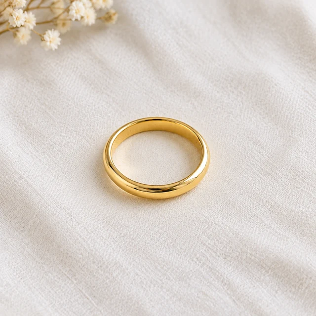 Single polished gold band ring centered on a plain white background.